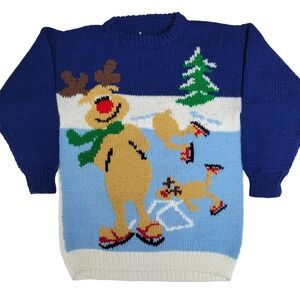 Vintage Handmade Wrecked Reindeer Ugly Christmas Sweater Blue White Large